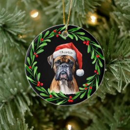 Adorno De Cerámica Navidades Boxer de perro en Santa Hat Holiday