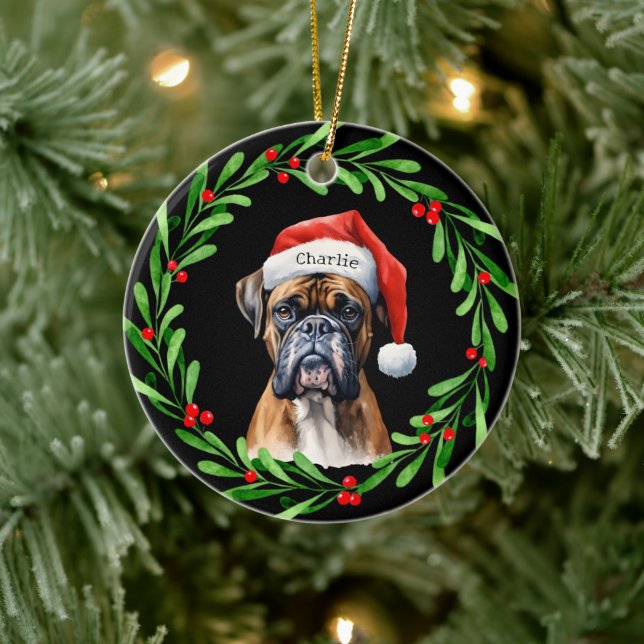 Adorno De Cerámica Navidades Boxer de perro en Santa Hat Holiday (Árbol)