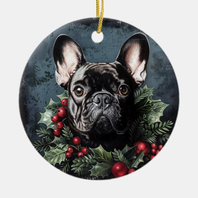Adorno De Cerámica Navidades Bulldog francés Holly (Frente)