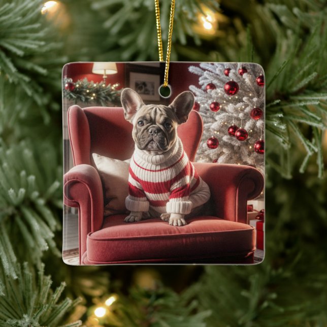 Adorno De Cerámica Navidades Bulldog francés sobre un presidente rojo (Árbol)