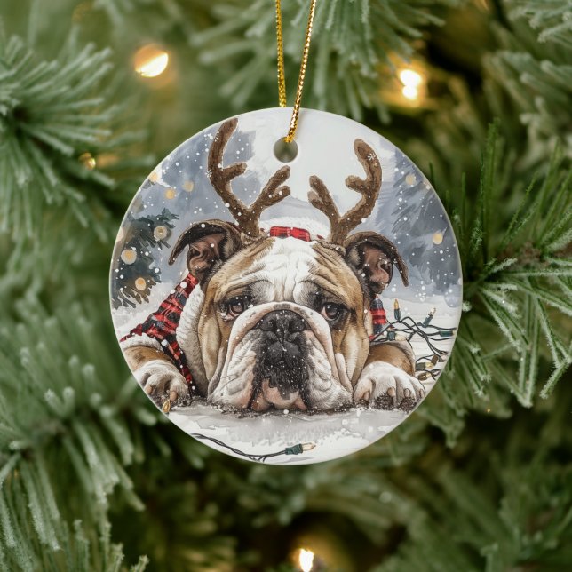 Adorno De Cerámica Navidades Bulldog inglés reno (Árbol)