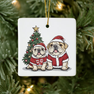Adorno De Cerámica Navidades Bulldog inglés Santa Hats