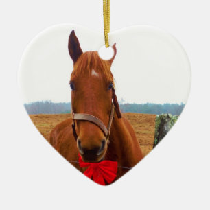 Adorno De Cerámica Navidades Caballo con arco rojo