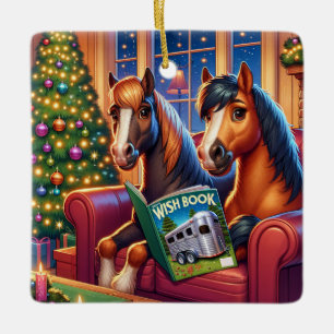 Adorno De Cerámica Navidades Caballos En Sofá Con Libro De Deseos De