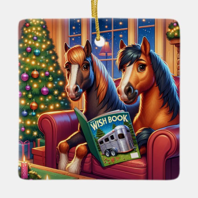 Adorno De Cerámica Navidades Caballos En Sofá Con Libro De Deseos De  (Anverso)