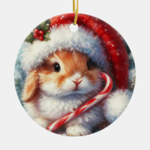 Adorno De Cerámica Navidades Candy Cane Bunny Rabbit