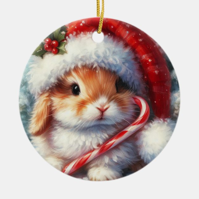 Adorno De Cerámica Navidades Candy Cane Bunny Rabbit (Frente)