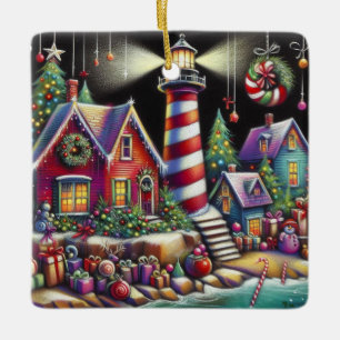 Adorno De Cerámica Navidades caprichosos faro morado rosado rojo