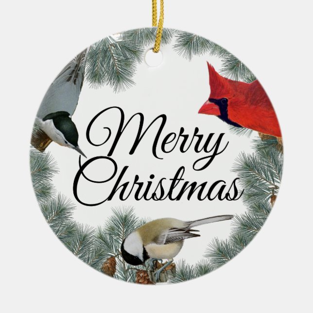 Adorno De Cerámica Navidades Cardenal de aves Nuthatch Chickadee Pine (Frente)