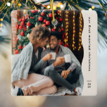 Adorno De Cerámica Navidades casados dos foto simple<br><div class="desc">Este sencillo y moderno adorno navideño presenta un moderno toque ondulado, además de una gran foto y un amplio espacio para el texto personalizado y el año. Diseñado para un adorno recién casado que celebra una primera Navidad juntos, este ornamento incluye una gran foto en el frente y una segunda...</div>