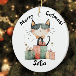 Adorno De Cerámica Navidades Cat Mom Holiday Nombre negro