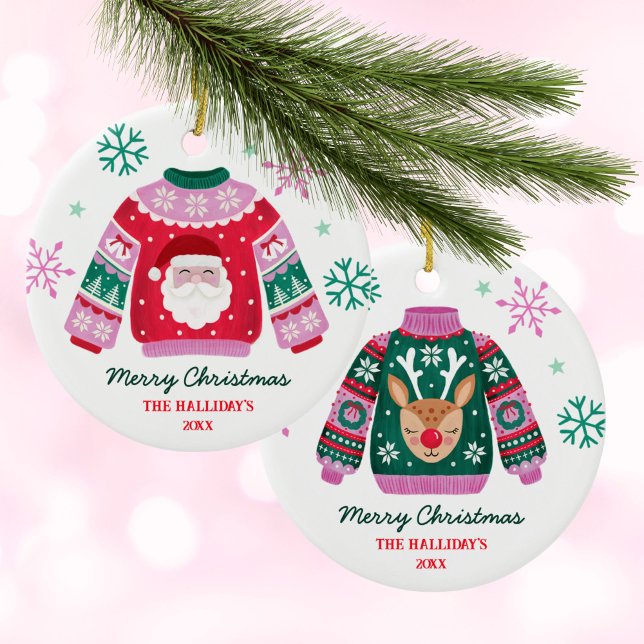 Adorno De Cerámica Navidades chabacanos Sweater Santa Family Name (Tacky Christmas Sweater Santa Family Name Ceramic Ornament)