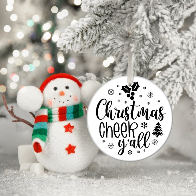 Adorno De Cerámica Navidades Cheer y'all (Christmas Cheerr Y'all Christmas ornament with a Sante next to)