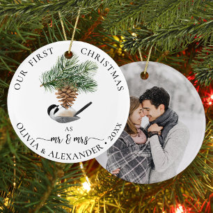 Adorno De Cerámica Navidades Chickadee Newlywoed Mr and Mrs Photo