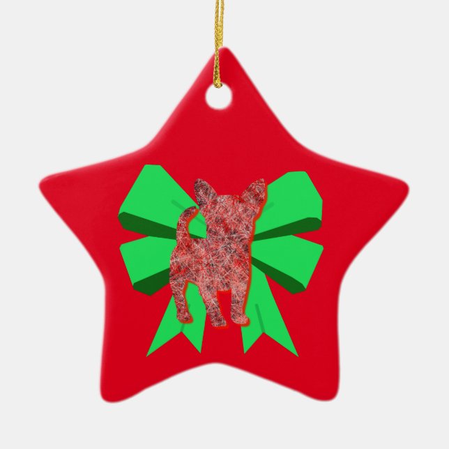 Adorno De Cerámica Navidades Chihuahua Dog Silhouette Red & Green Bow (Frente)