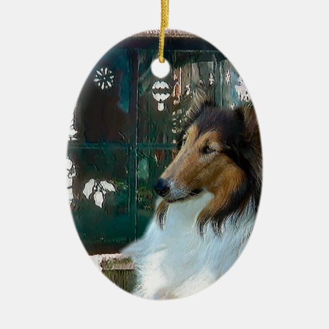 Adorno De Cerámica Navidades Collie en la ventana (Frente)