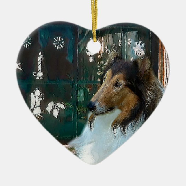 Adorno De Cerámica Navidades Collie en la ventana (Frente)