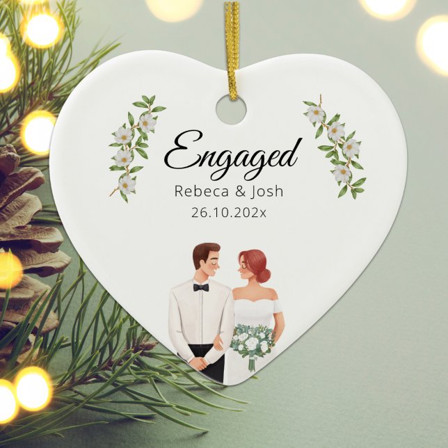 Adorno De Cerámica Navidades comprometidos Keepsake Greenery Boda Fec (Engaged Christmas Keepsake Greenery Wedding Date Ceramic Ornament)