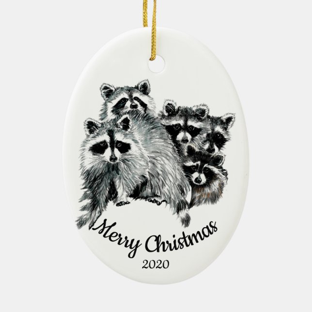 Adorno De Cerámica Navidades con fecha de personalizado Raccoon Famil (Atrás)