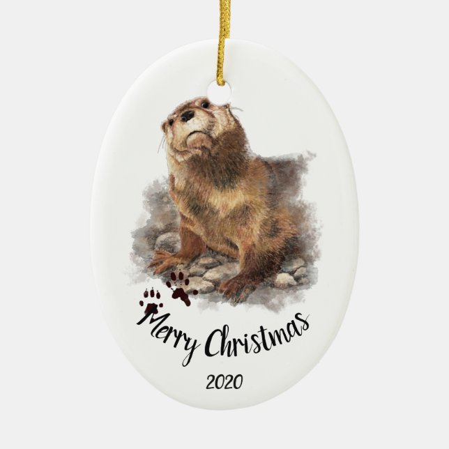 Adorno De Cerámica Navidades con fecha personalizado acuarela Otter A (Frente)