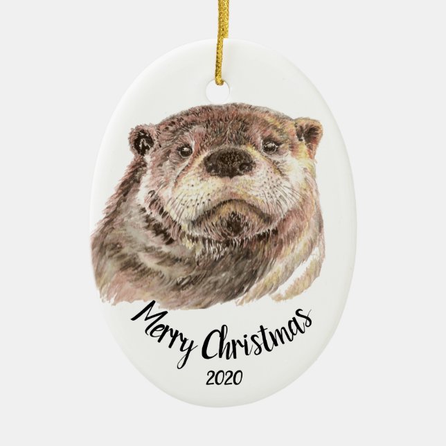 Adorno De Cerámica Navidades con fecha personalizado acuarela Otter A (Frente)