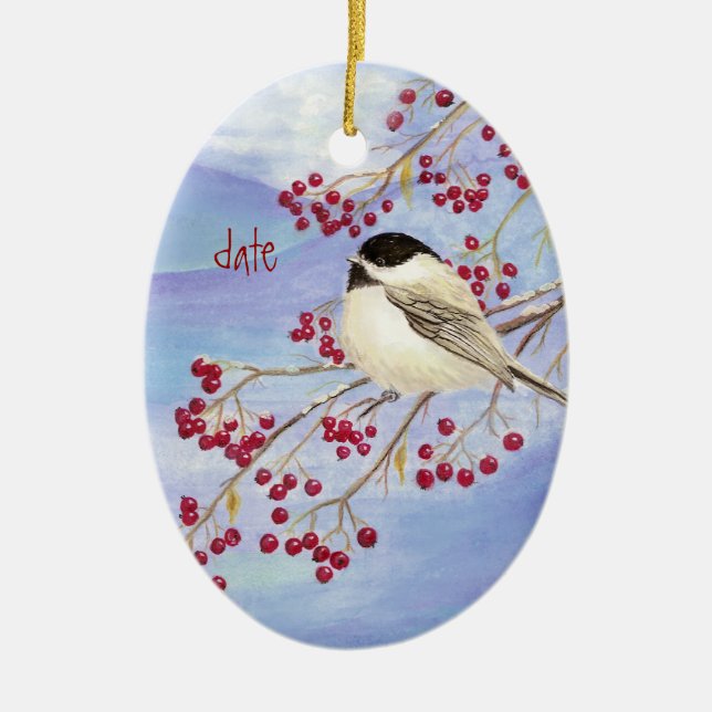 Adorno De Cerámica Navidades con fecha personalizado Chickadee Bird & (Frente)