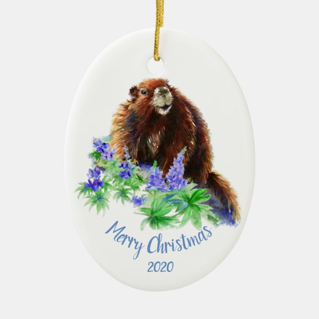 Adorno De Cerámica Navidades con fecha personalizado Marmot, animal d (Frente)