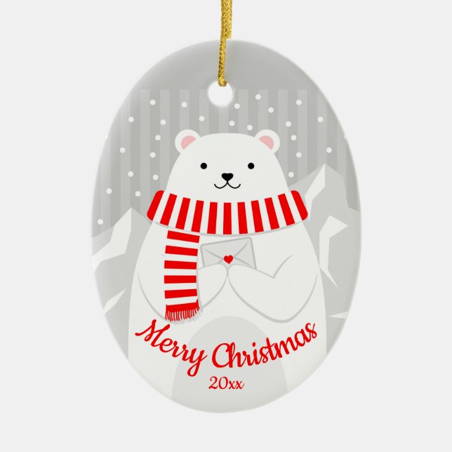 Adorno De Cerámica Navidades con fecha personalizado Polar Bear Cute  (Frente)