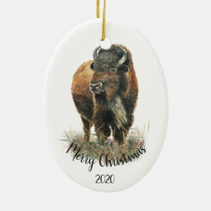 Adorno De Cerámica Navidades con fecha personalizado Watercolor Bison