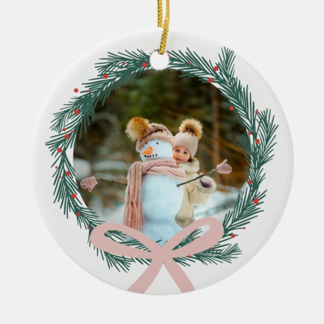 Adorno De Cerámica Navidades con foto de cinta rosa (Frente)