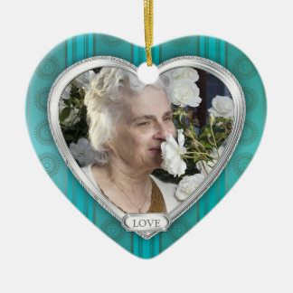 Adorno De Cerámica Navidades conmemorativos de Aqua Blue Silver Heart