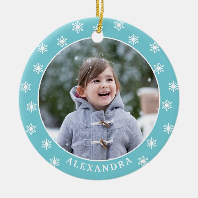 Adorno De Cerámica Navidades Copos de nieve Foto Nombre azul (Frente)