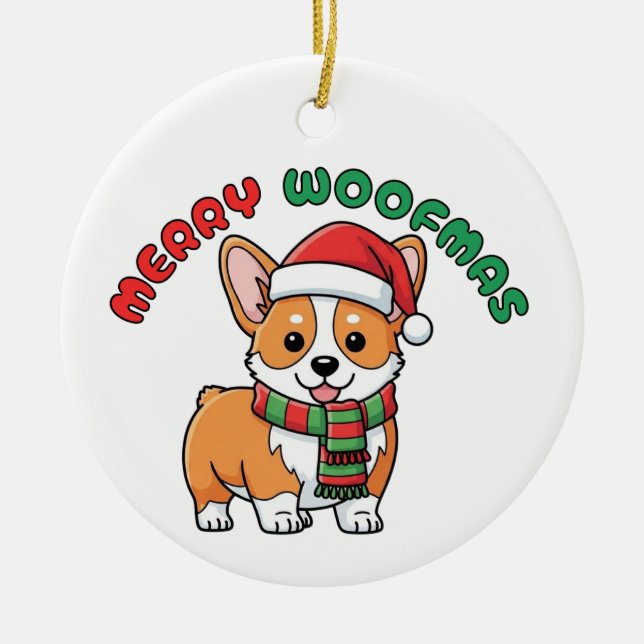 Adorno De Cerámica Navidades Corgi Ornament: Merry Woofmas (Frente)