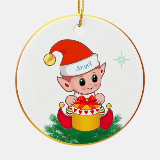 Adorno De Cerámica Navidades cortos elf y star en blanco (Frente)