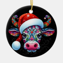 Navidades Cow Bull con Santa Hat Arte Popular Mexi
