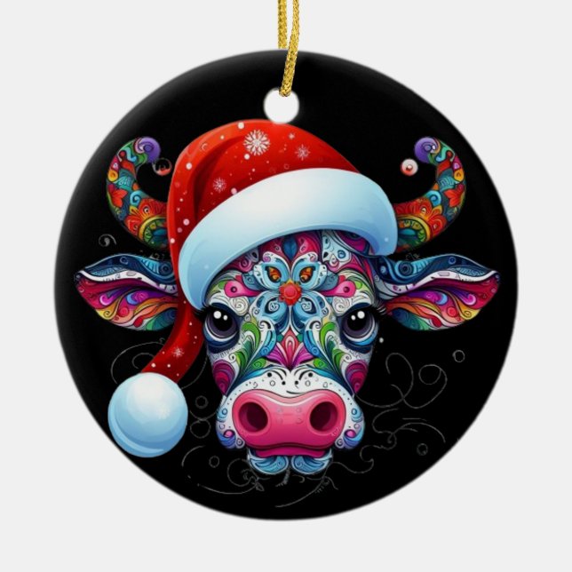 Adorno De Cerámica Navidades Cow Bull con Santa Hat Arte Popular Mexi (Frente)