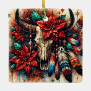 Adorno De Cerámica Navidades Cow Bull Skull Poinsettias Feathers