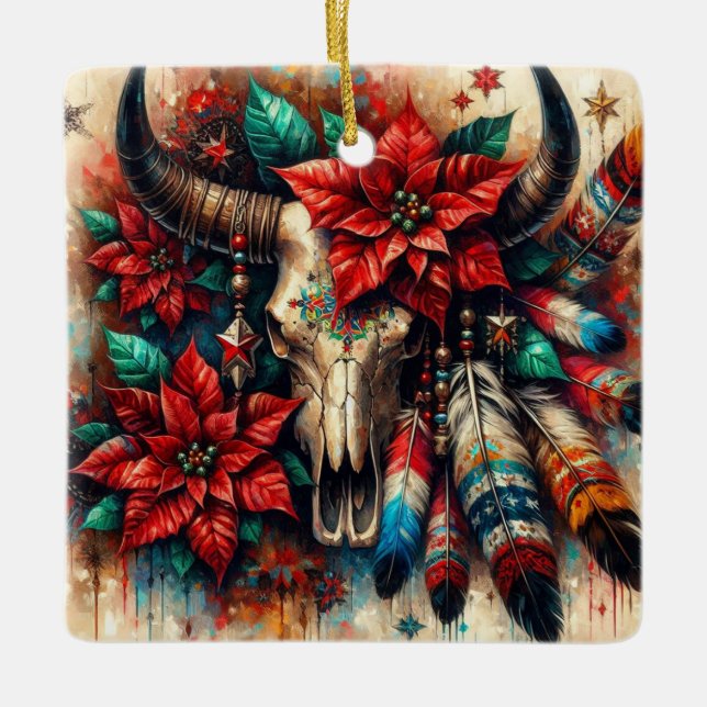 Adorno De Cerámica Navidades Cow Bull Skull Poinsettias Feathers (Anverso)