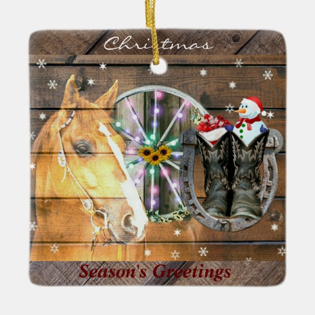Adorno De Cerámica Navidades Cowboy Boots Horseshoe (Anverso)