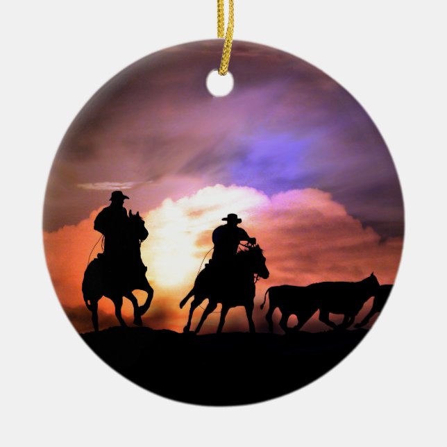 Adorno De Cerámica Navidades Cowboy redondeado/ conducir ganado (Frente)