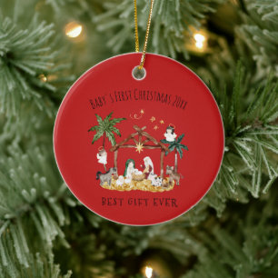 Adorno De Cerámica Navidades cristianos acuarela natividad roja