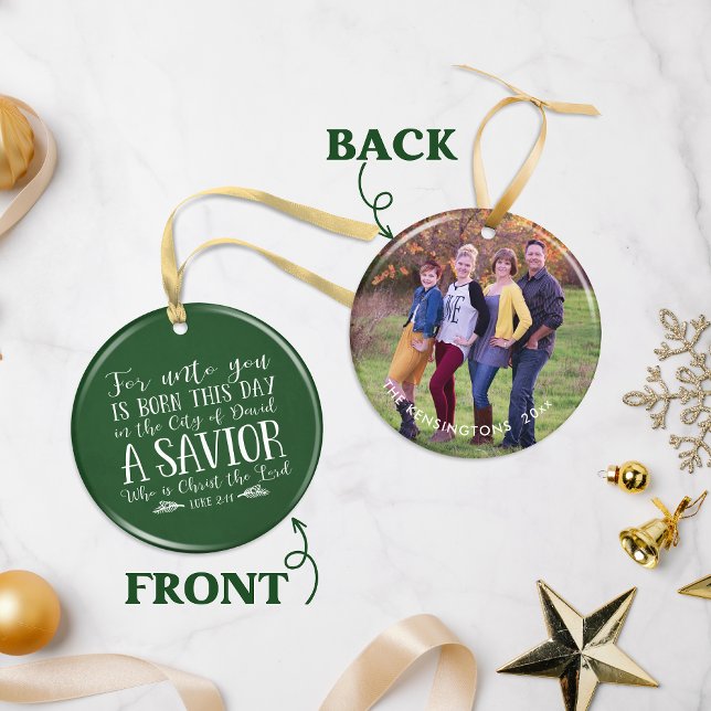 Adorno De Cerámica Navidades cristianos verdes foto de vacaciones de  (Green Christian Christmas Typography Holiday Photo Ceramic Ornament)