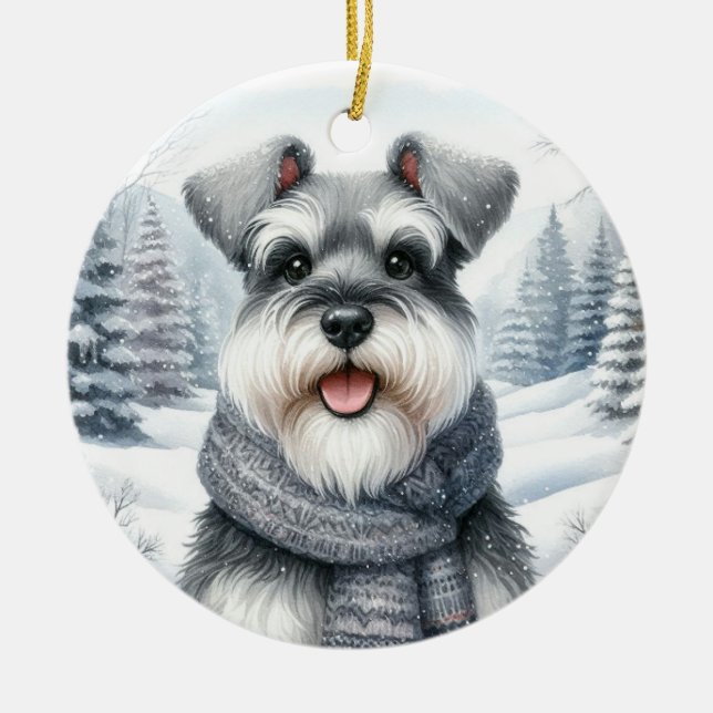 Adorno De Cerámica Navidades Cute Schnauzer Winter Wonderland (Frente)