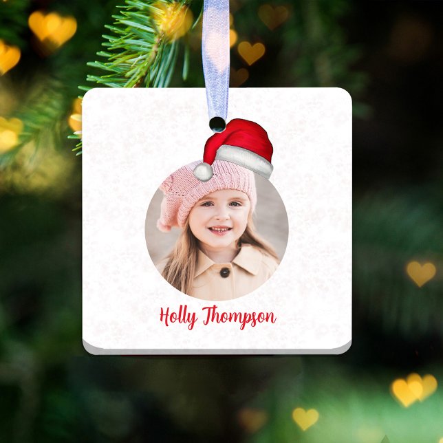 Adorno De Cerámica Navidades Cute Whimsical Santa Hat Photo (Red Santa Claus hat with a circle photo template. )