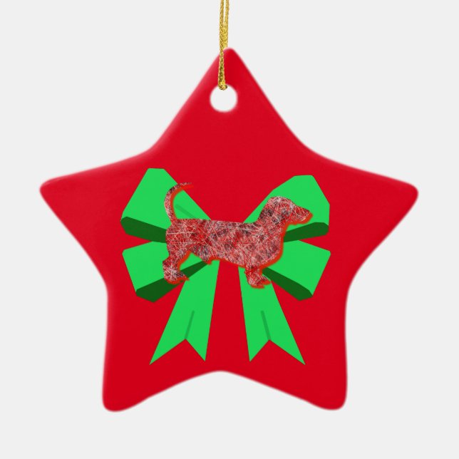 Adorno De Cerámica Navidades Dachshund Dog Silhouette Red & Green Bow (Frente)