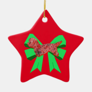 Adorno De Cerámica Navidades Dandie Dog Silhouette Red & Green Bow