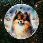 Adorno De Cerámica Navidades de acuarela de perros de tres colores de<br><div class="desc">Eleva tu decoración de vacaciones con nuestros Navidades de acuarela tricornios Perro Pomerania. Este singular ornamento muestra el encanto distintivo de un pomerano tricolor en un encantador diseño acuático,  lo que lo convierte en un complemento perfecto para sus celebraciones festivas.</div>
