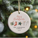 Adorno De Cerámica Navidades de acuarela galletas beben caramelos<br><div class="desc">Un divertido diseño festivo con las acuarelas favoritas del invierno - chocolate caliente,  caña de caramelos,  surtido. Feliz Navidad con letra de escritura contemporánea,  perfecta para celebrar la temporada navideña. El ornamento puede editarse,  como parte de una colección.</div>