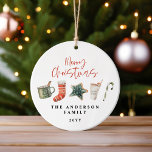 Adorno De Cerámica Navidades de acuarela galletas beben caramelos<br><div class="desc">Un divertido diseño festivo con las acuarelas favoritas del invierno - chocolate caliente,  caña de caramelos,  surtido. Feliz Navidad con letra de escritura contemporánea,  perfecta para celebrar la temporada navideña. El ornamento puede editarse,  como parte de una colección.</div>