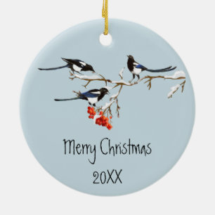 Adorno De Cerámica Navidades de acuarela Holly Magpie Bird Nature Art